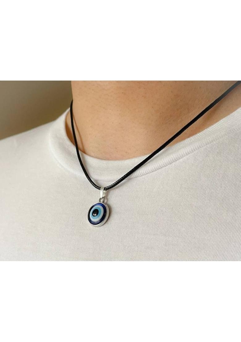 Vivity Turkish Blue Glass Evil Eye Black Dori Charm For Protection Plated Silver Fabric, Crystal Pendant - Indya