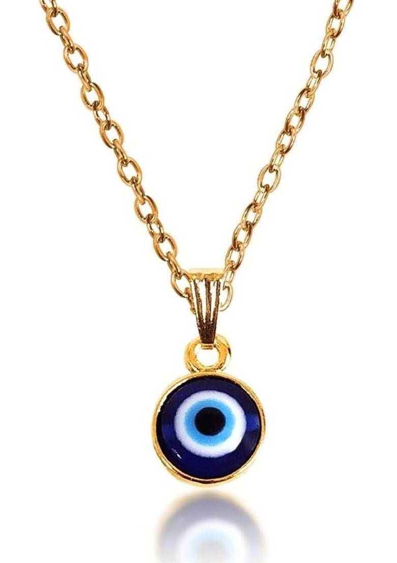Airtick Round Blue Evil Eye Stone/Moti Nazar Suraksha Kavach Pendant Locket Necklace Gold-plated Stainless Steel Pendant Set - Indya