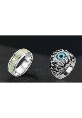 (Pack of 2 Pcs) Luminous ECG Heartbeat Radium Ring & Evil Eye Ball Ring Combo Stainless Steel Silver Plated Ring