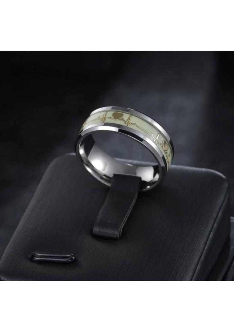 (Pack of 2 Pcs) Luminous ECG Heartbeat Radium Ring & Evil Eye Ball Ring Combo Stainless Steel Silver Plated Ring - Indya