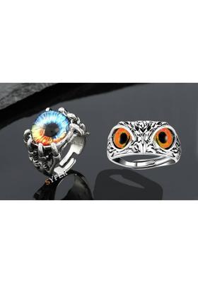 Owl Eye Ring and Evil Eye Ring for Men and Women (Combo, Adjustable) Stainless Steel Silver Plated Ring
