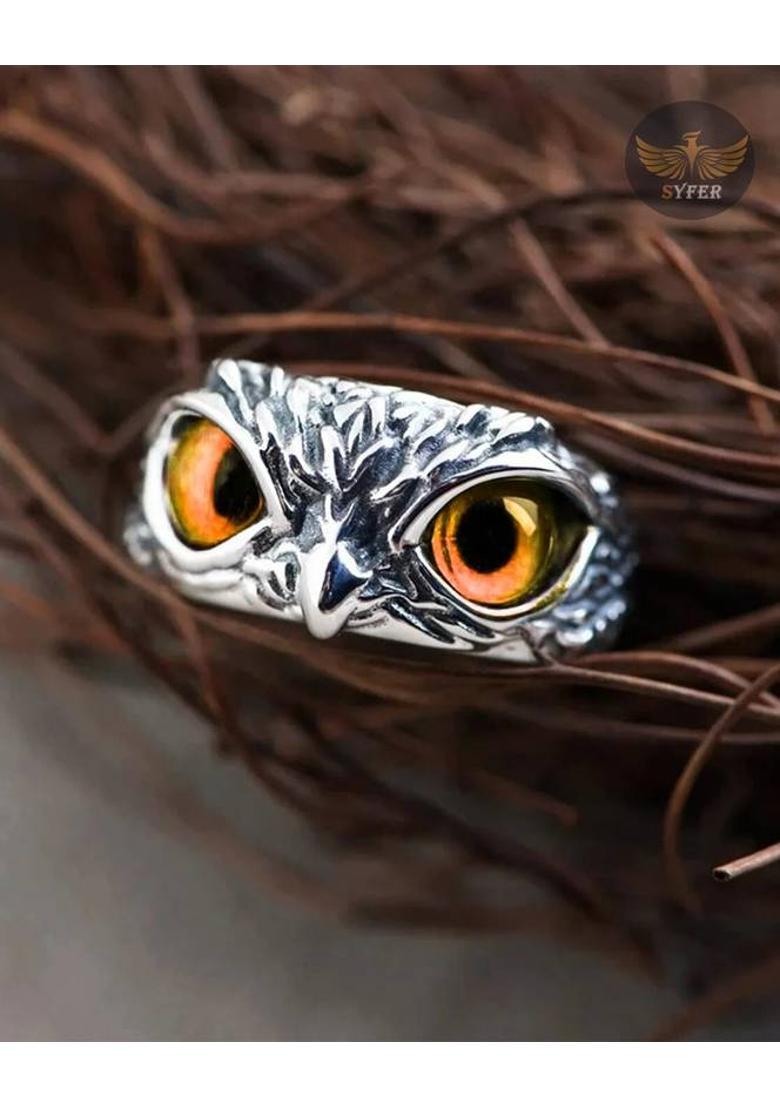 Owl Eye Ring and Evil Eye Ring for Men and Women (Combo, Adjustable) Stainless Steel Silver Plated Ring - Indya
