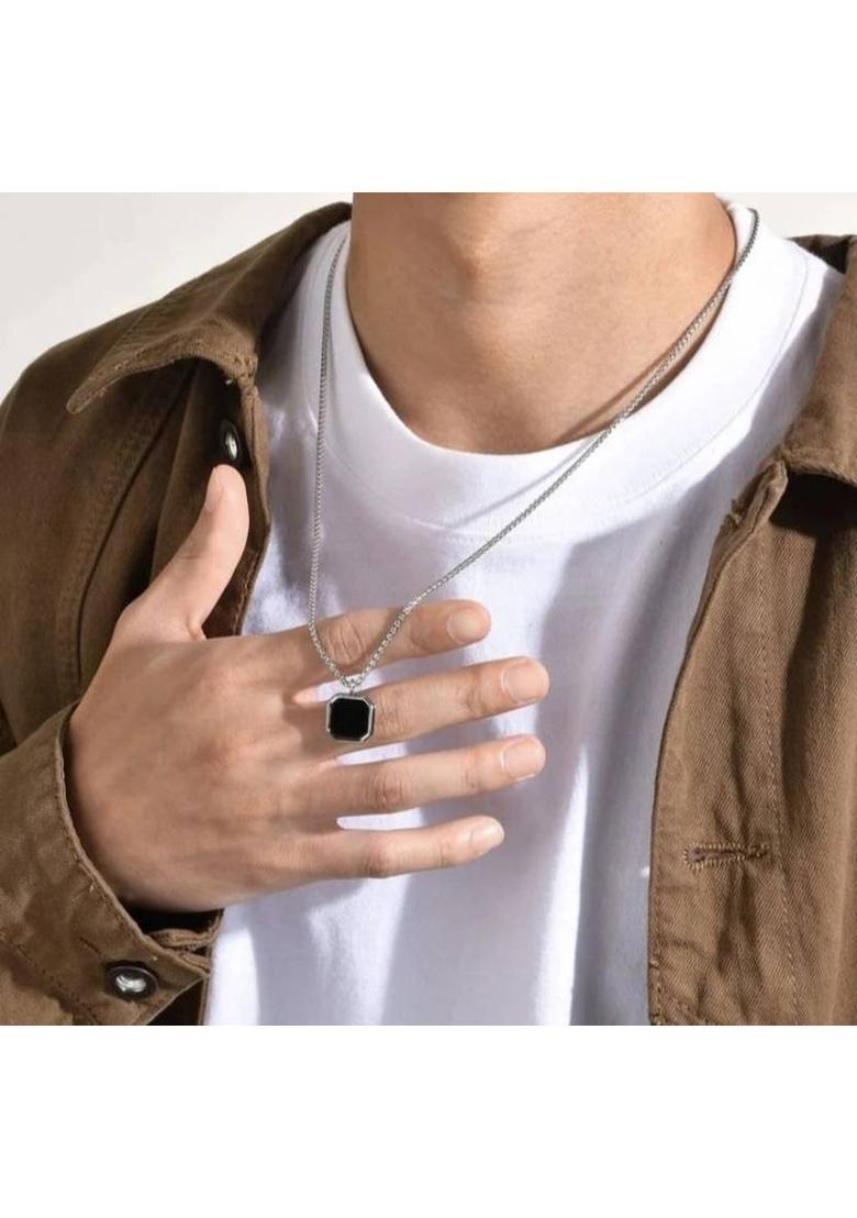 Aksha Collection Aksha Collection Silver Black Pendant | Pendant with Chain Lockets for Men Women Silver, Black Silver, Platinum Alloy, Stainless Steel, Silver, Stone, Alloy Pendant Set - Indya