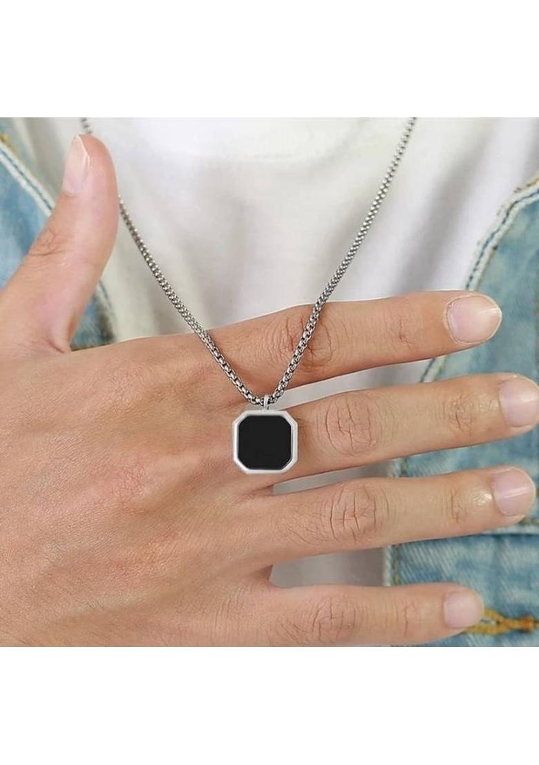 Aksha Collection Aksha Collection Silver Black Pendant | Pendant with Chain Lockets for Men Women Silver, Black Silver, Platinum Alloy, Stainless Steel, Silver, Stone, Alloy Pendant Set - Indya