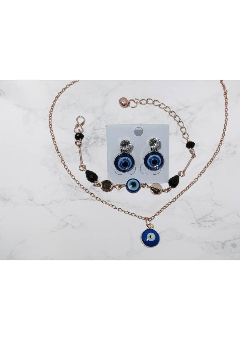 Oxidised Silver, Alloy Gold-plated Blue Jewel Set&nbsp;&nbsp;(Pack of 1) - Indya