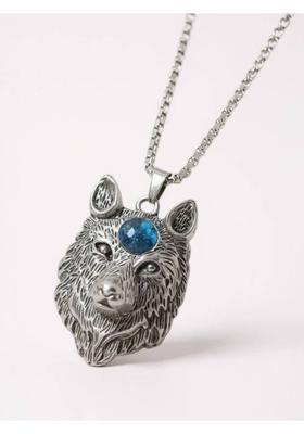 RAPPERSSHOP Silver-Plated Stone-Studded Oxidized wolf head Pendant With Chain Silver Zircon Stainless Steel Locket Set