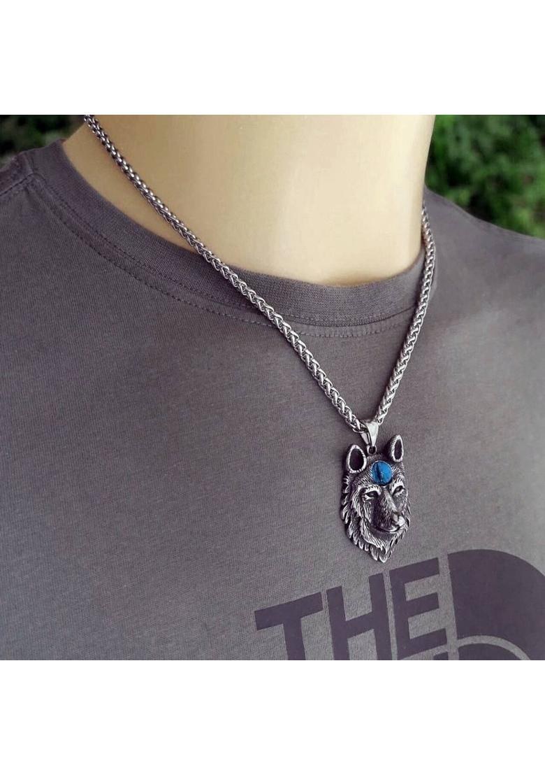 RAPPERSSHOP Silver-Plated Stone-Studded Oxidized wolf head Pendant With Chain Silver Zircon Stainless Steel Locket Set - Indya