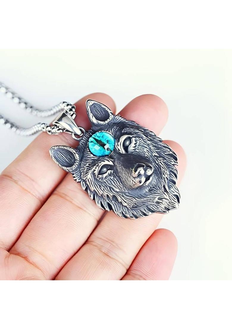 RAPPERSSHOP Silver-Plated Stone-Studded Oxidized wolf head Pendant With Chain Silver Zircon Stainless Steel Locket Set - Indya
