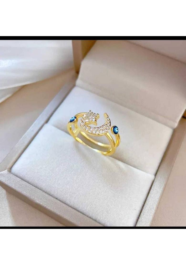 Desiner Gold-Plated Rhinestone Evil Eye Moon & Star Rings For Women & Girls Alloy Quartz Gold Plated Ring - Indya
