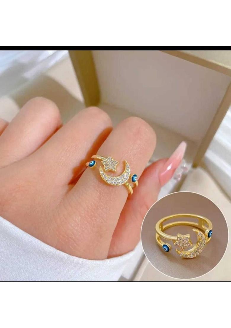 Desiner Gold-Plated Rhinestone Evil Eye Moon & Star Rings For Women & Girls Alloy Quartz Gold Plated Ring - Indya