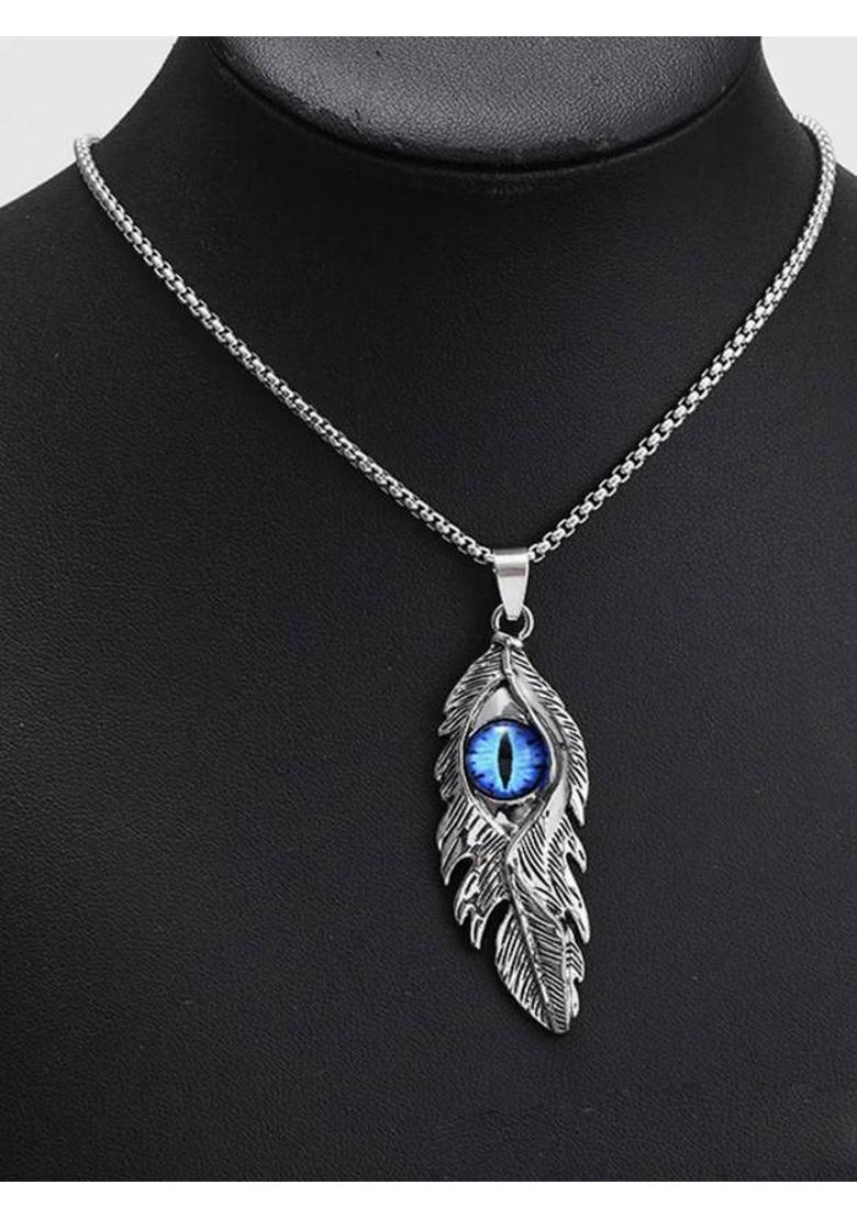 RAPPERSSHOP Blue Evil EYe Feather Alloy Pendant with Stainless Steel Box Chain for Men Silver Zircon Alloy Locket Set - Indya