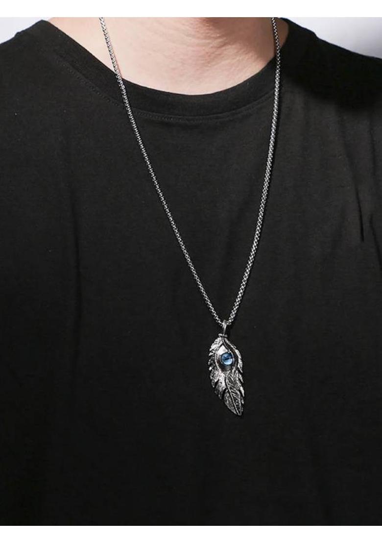 RAPPERSSHOP Blue Evil EYe Feather Alloy Pendant with Stainless Steel Box Chain for Men Silver Zircon Alloy Locket Set - Indya