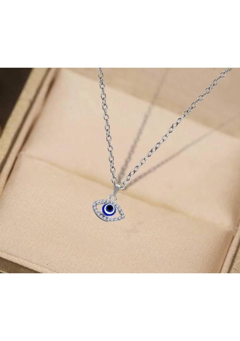 vs unique collections Diamond Round Blue Evil Eye Locket Pendant Necklace Stone Nazar Suraksha Kavach Silver Stainless Steel Pendant Set - Indya