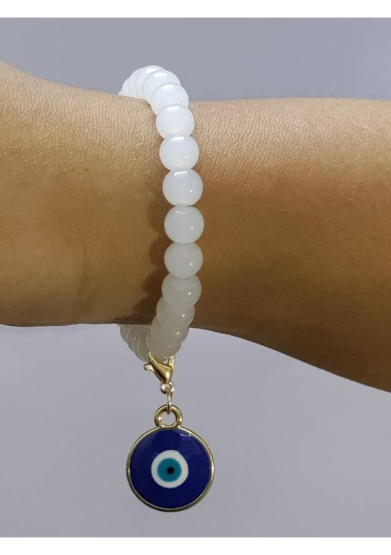 MOREL WHITE BEADS BRACELET WITH ROUND EVIL EYE PENDANT,BRACELET CHARM,GIFT FOR WOMEN Glass Beaded Charm - Indya