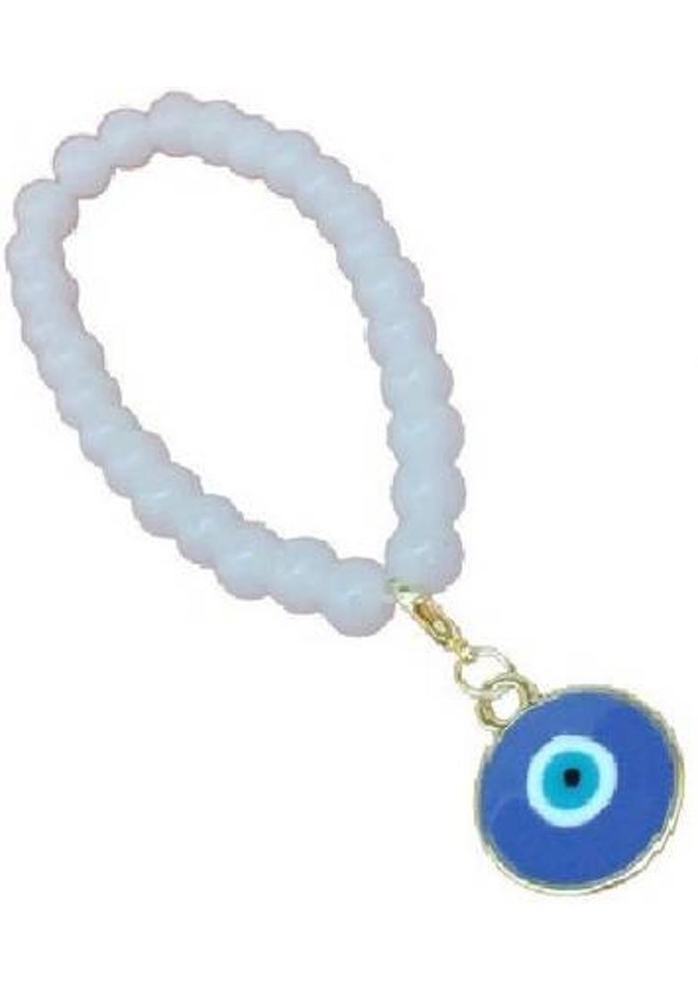 MOREL WHITE BEADS BRACELET WITH ROUND EVIL EYE PENDANT,BRACELET CHARM,GIFT FOR WOMEN Glass Beaded Charm - Indya
