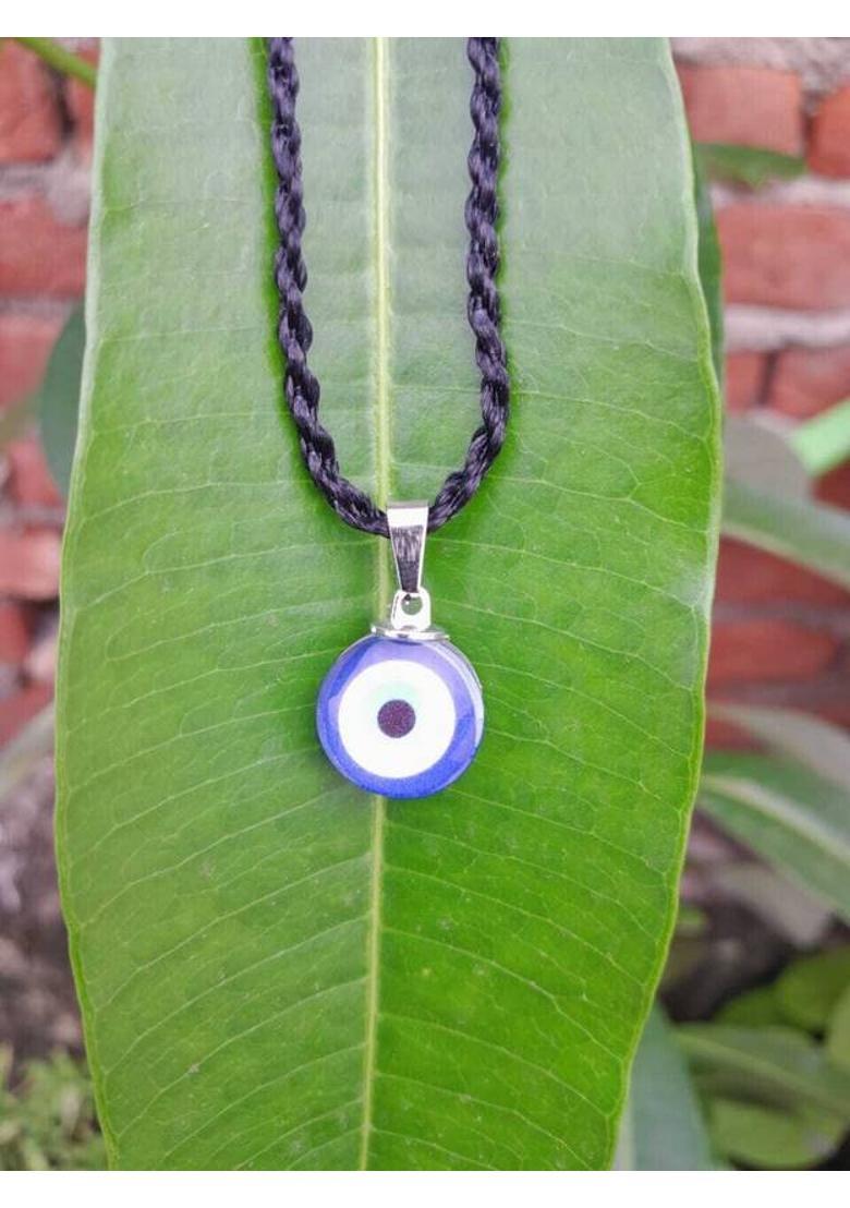 GEJUFF Round Blue Evil Eye Stone Nazar Suraksha Kavach Locket Pendant Necklace Fabric, Crystal Pendant - Indya