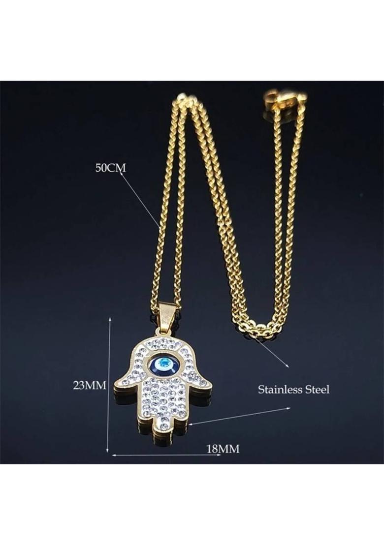 ROOTWAVE Gold Plated Rhinestone Hamsa Hand With Evil Eye Charm Necklace For Women & Girls Gold-plated Alloy, Stainless Steel Pendant - Indya
