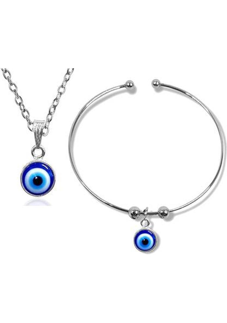 Teeragaj Evil Eye Nazar Suraksha Kavach Wrist Band Kada Bracelet Bangle & Locket Pendant Silver Stainless Steel Pendant Set - Indya