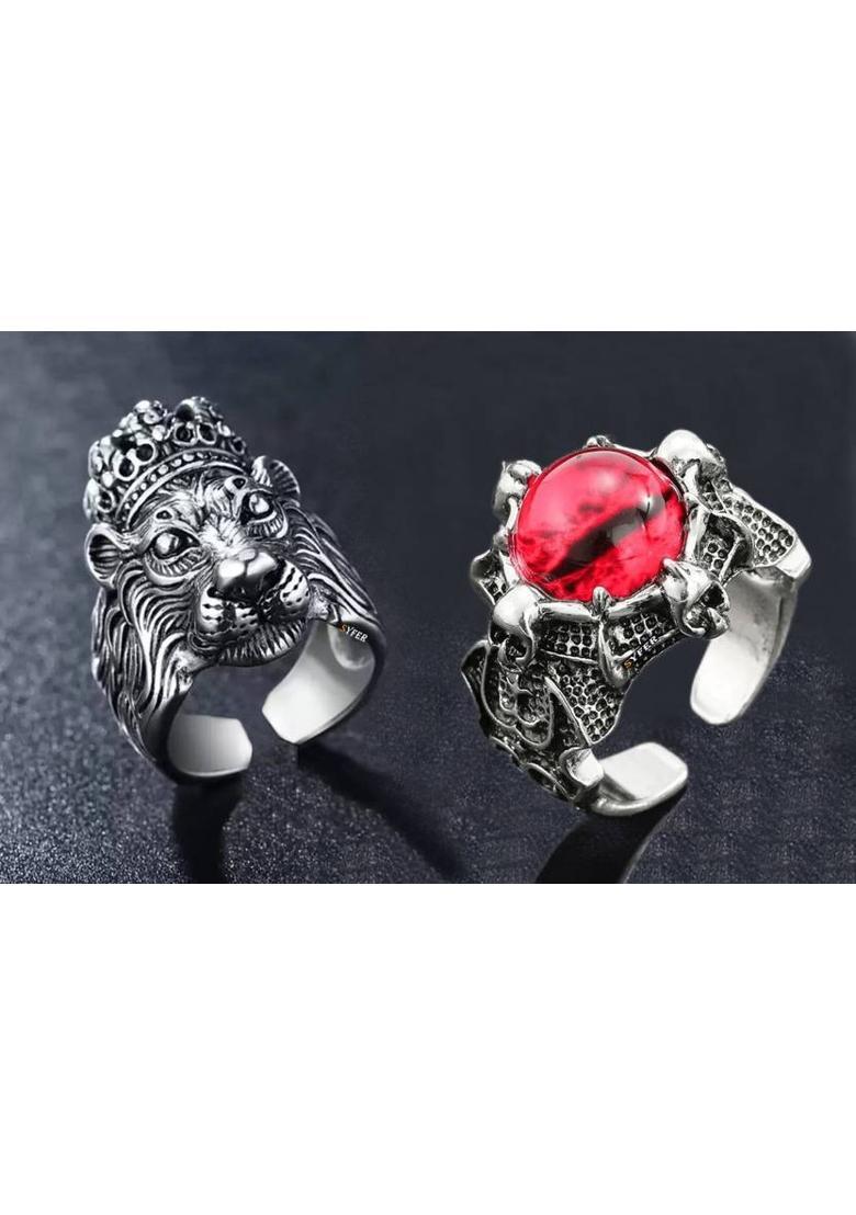Lion Ring & Evil Eye Ring for Women & Men, Club/Party/Biker/Office Ring-COMBO Stainless Steel Silver Plated Ring - Indya