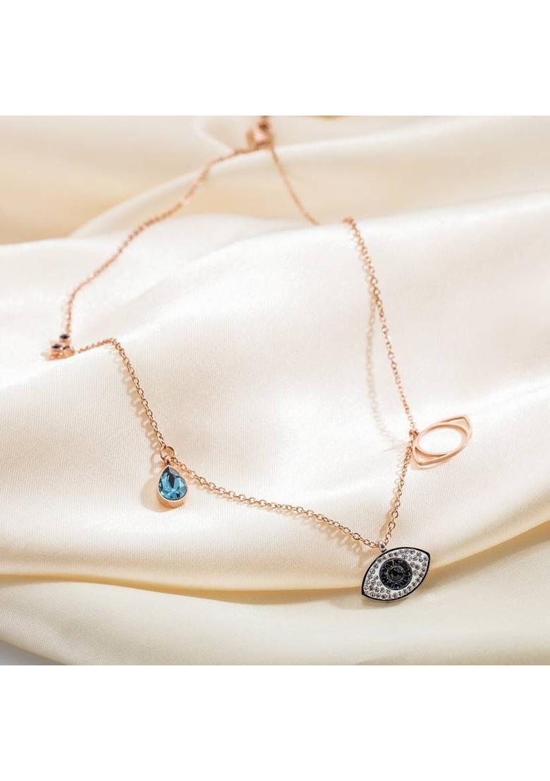 Antique Rose Gold Evil Eye Necklace Chain Cubic Zirconia Stainless Steel Necklace - Indya