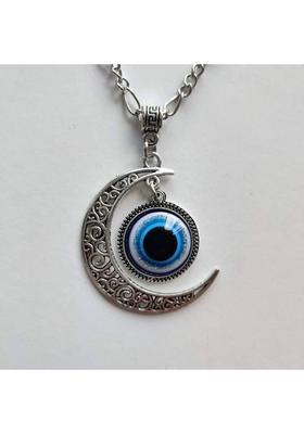 NZ 11 Evil Eye Moon Pendant with Silver Chain Silver Plated Alloy Chain
