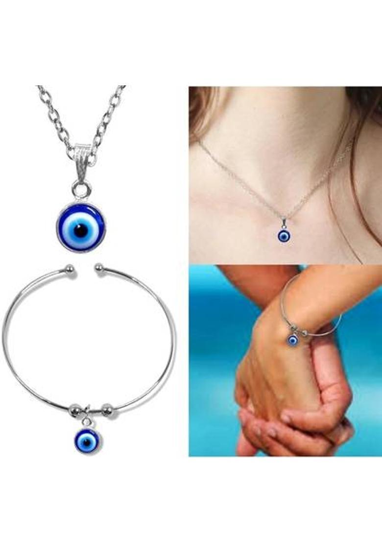 Malas Collection Evil Eye Nazar Suraksha Kavach Wrist Band Kada Bracelet Bangle & Locket Pendant Silver Stainless Steel Pendant Set - Indya