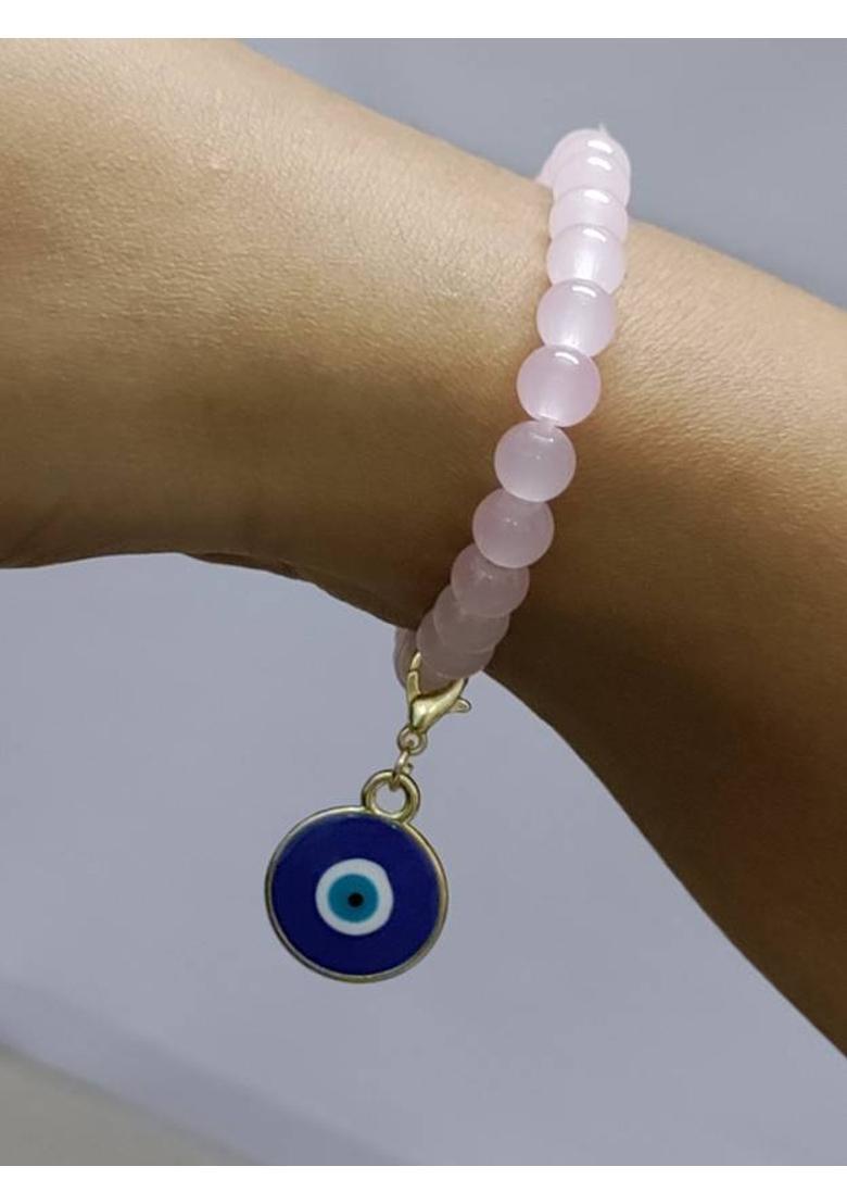 MOREL PINK BEADS BRACELET WITH ROUND EVILEYE PENDANT BRACELET CHARM GIFT FOR WOMEN Glass Beaded Charm - Indya