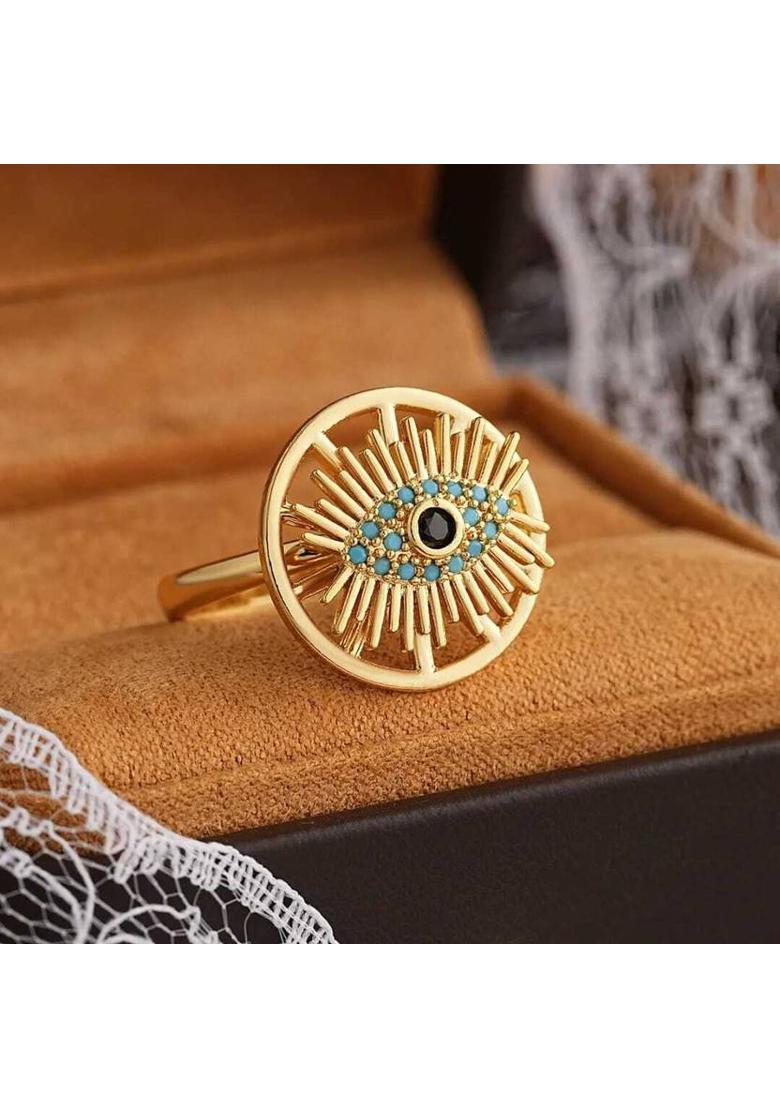 Gold Plated Evil Eye Sunburst Adjustable Ring for Women Girls, Turquoise Stone Stainless Steel Gold Plated Ring - Indya