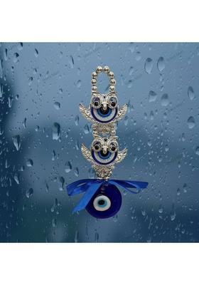 9tees Mart Fengshui Vastu 2 Owl Evil Eye Hanging Nazar Battu For Protect Negativity Decorative Showpiece - 19 cm&nbsp;&nbsp;(Glass, Plastic, Silver, Blue)