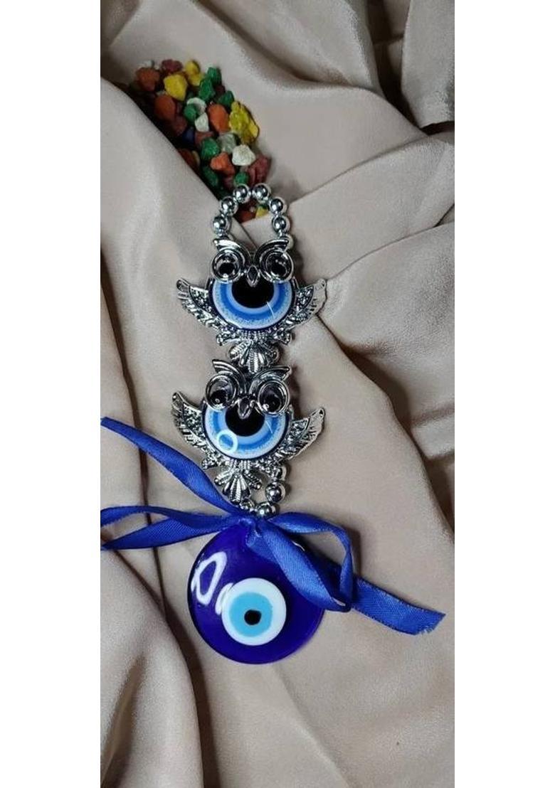 9tees Mart Fengshui Vastu 2 Owl Evil Eye Hanging Nazar Battu For Protect Negativity Decorative Showpiece - 19 cm&nbsp;&nbsp;(Glass, Plastic, Silver, Blue) - Indya