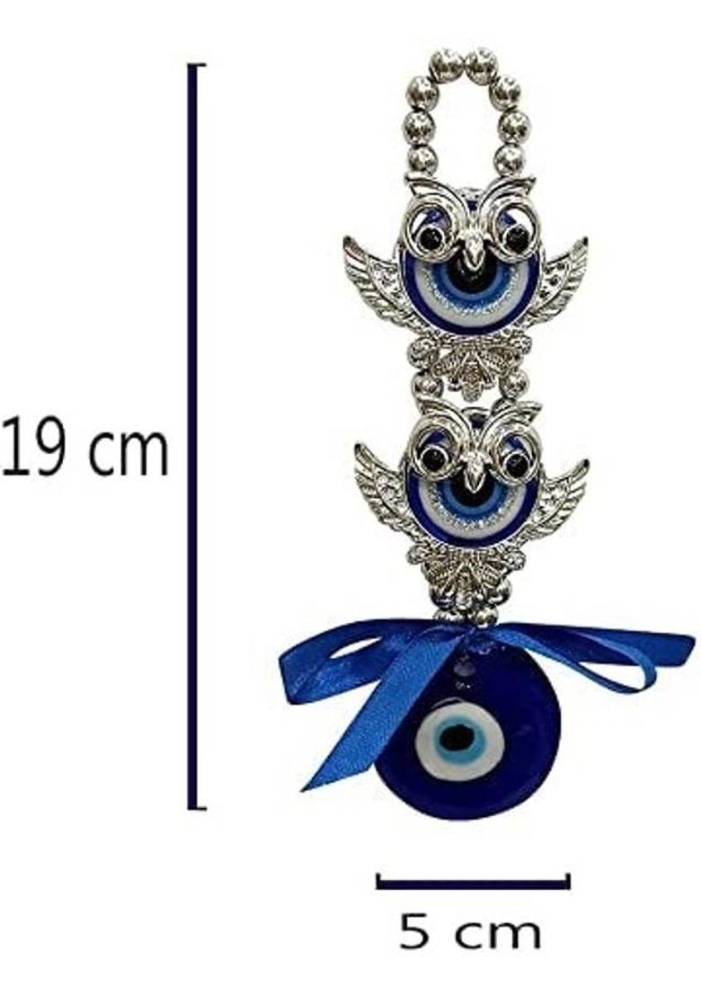 9tees Mart Fengshui Vastu 2 Owl Evil Eye Hanging Nazar Battu For Protect Negativity Decorative Showpiece - 19 cm&nbsp;&nbsp;(Glass, Plastic, Silver, Blue) - Indya