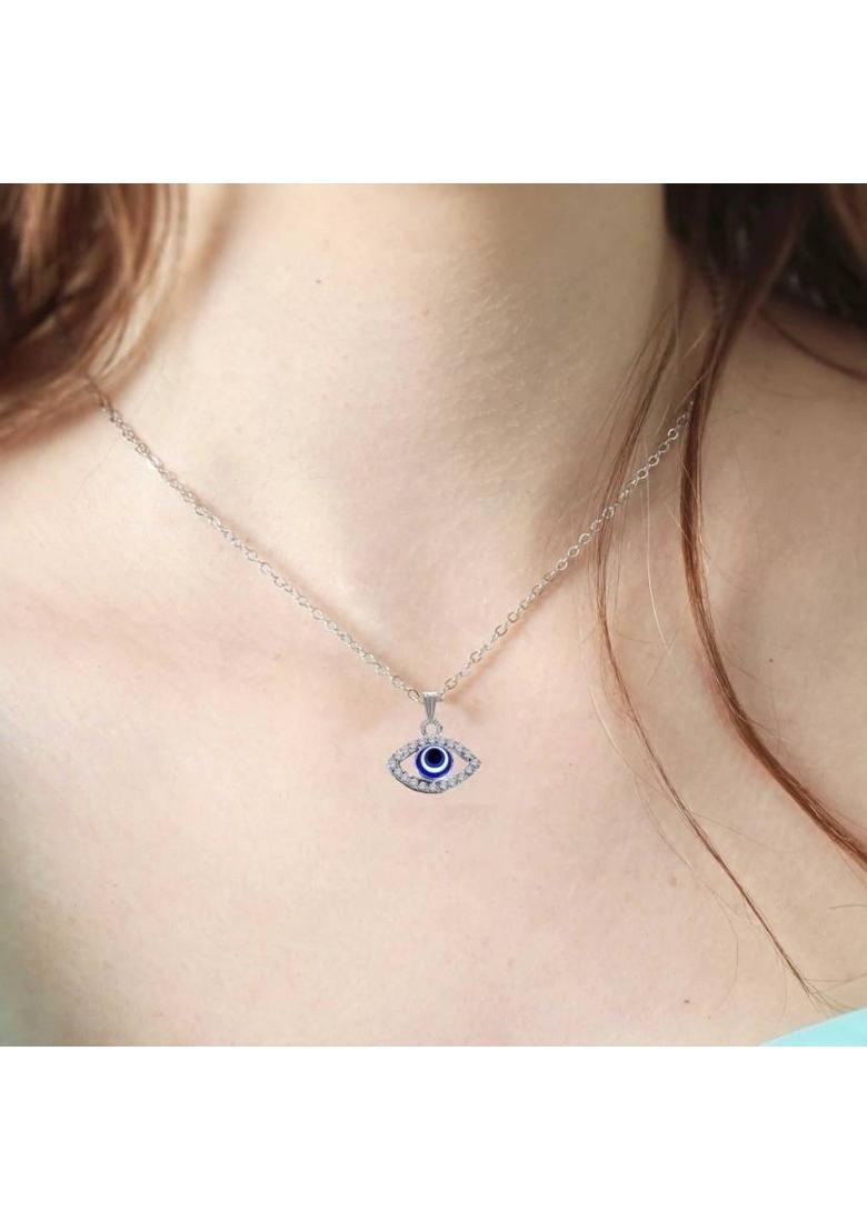 zebisco silver eye shape pendant in american diamond Silver Stainless Steel, Steel Locket Set - Indya