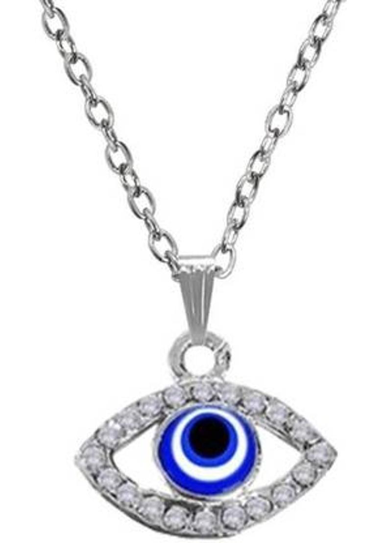 zebisco silver eye shape pendant in american diamond Silver Stainless Steel, Steel Locket Set - Indya