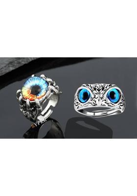 Owl Eye Ring and Evil Eye Ring for Men and Women (Combo, Adjustable) Stainless Steel Silver Plated Ring