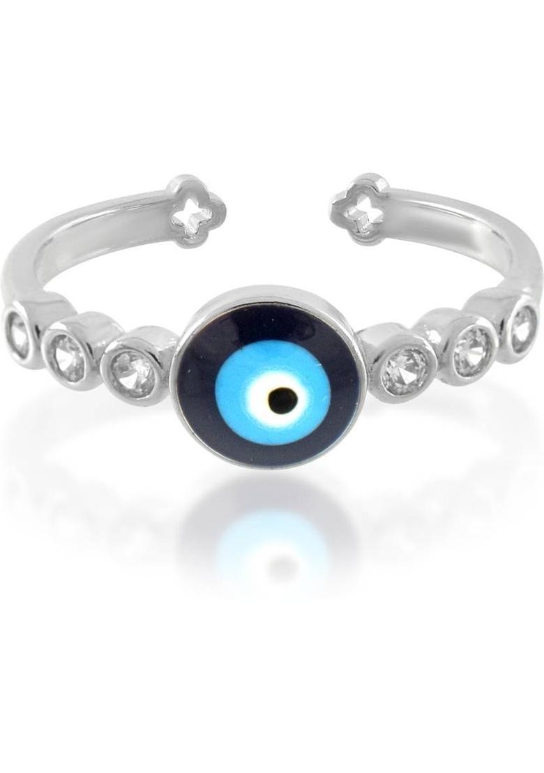 Silverplated CZ Evil eye adjustable free size ring Women girls Brass Silver Plated Ring - Indya
