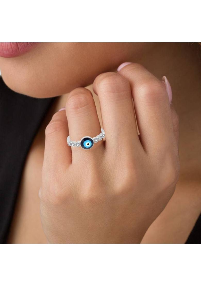 Silverplated CZ Evil eye adjustable free size ring Women girls Brass Silver Plated Ring - Indya