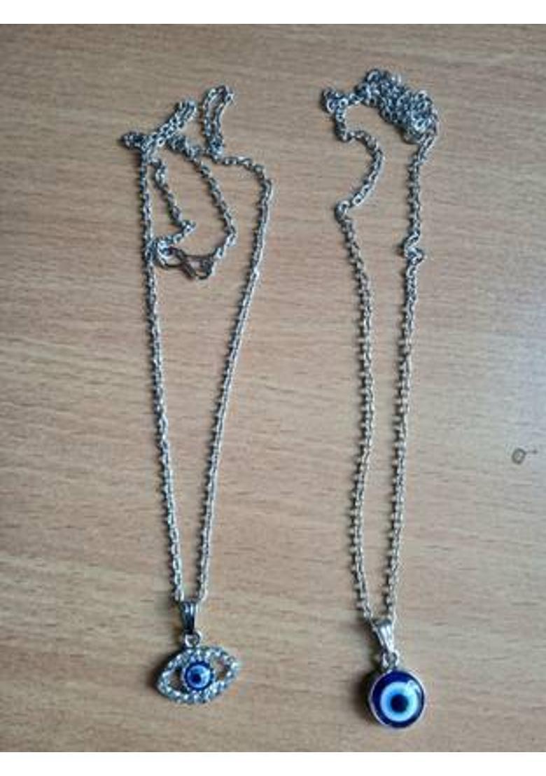 house of common Turkish Evil Eye Charm Pendant Chain for Women and Girls(Pack of 2) Silver Onyx Alloy Pendant - Indya