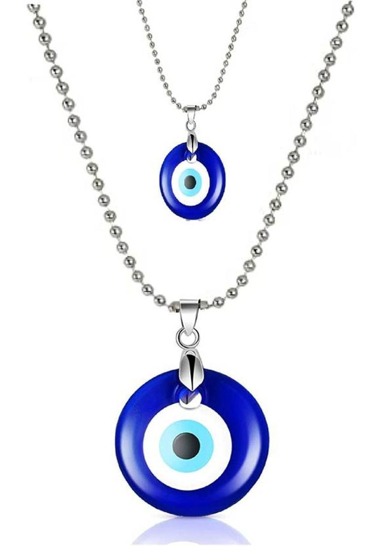 Deary "Evil Eye Pendant/Necklace - Ward Off Harmful Energy with Nazar Silver Brass" Silver Beads Brass Pendant Set - Indya