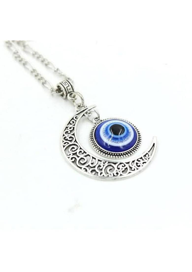 NZ 14 Crescent Evil Eye Protection Pendant Silver Plated Alloy Chain - Indya