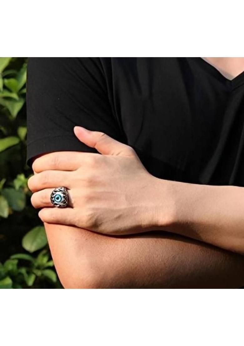 Trendy Unisex Pack Of 2 Silver Plated Lion Ring And Evil Eye Ball Ring Combo Stainless Steel Silver Plated Ring - Indya