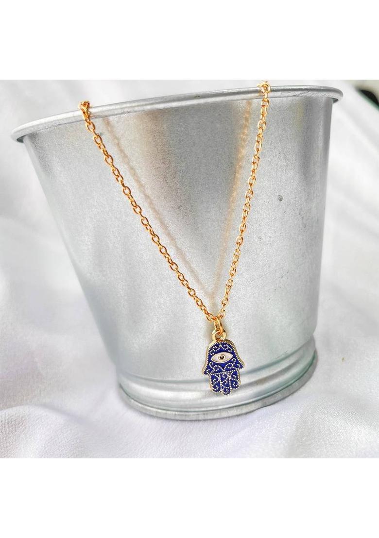 Shubhanjali Blue Evil Eye Charms Hamsa Hand Pendant with chain for Women and Girls Rose Gold Plated-Blue,Alloy Enamel Pendant - Indya