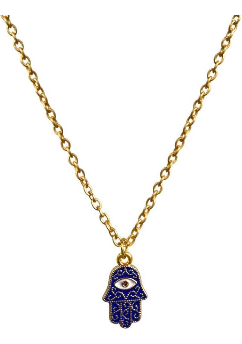 Shubhanjali Blue Evil Eye Charms Hamsa Hand Pendant with chain for Women and Girls Rose Gold Plated-Blue,Alloy Enamel Pendant - Indya