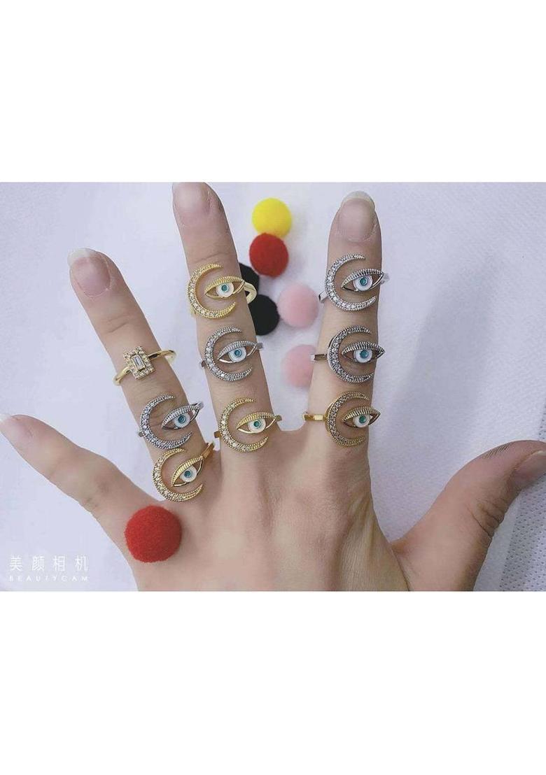 Moon Evil Eye Copper Cubic Zirconia Gold Plated Ring - Indya