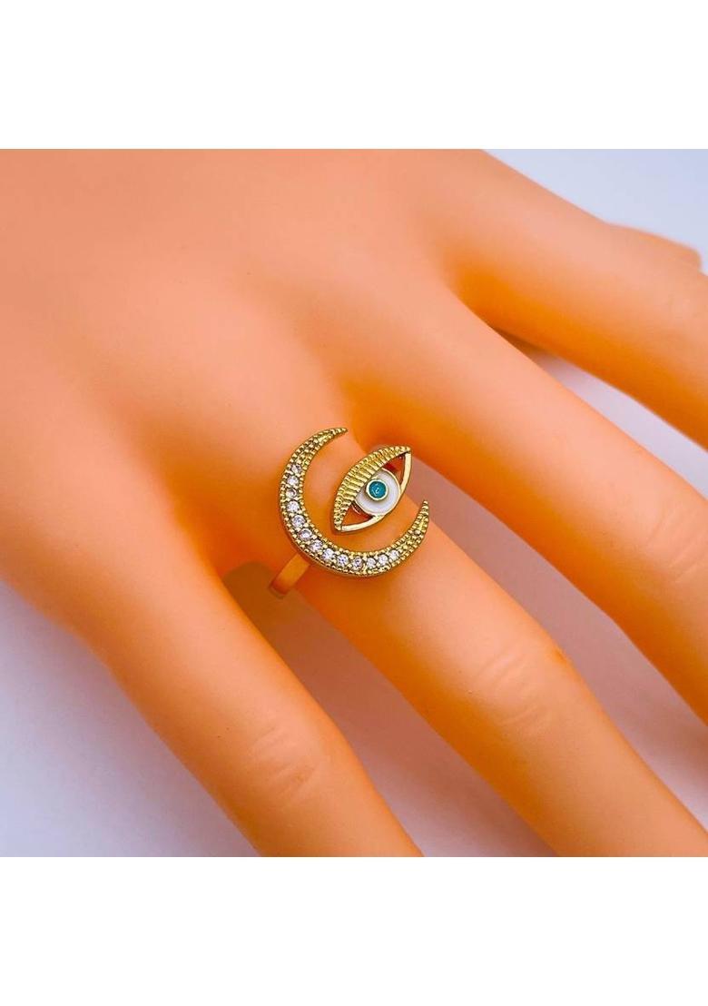 Moon Evil Eye Copper Cubic Zirconia Gold Plated Ring - Indya