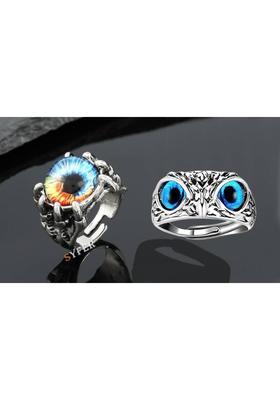 Owl Eye Ring and Evil Eye Ring for Men and Women (Combo, Adjustable) Stainless Steel Silver Plated Ring