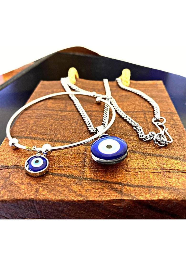 Neerajyoti Evil Eye Bracelet and Pendant with Chain COMBO. Natural Blue Evil Eye Pendant. Alloy Pendant Set - Indya