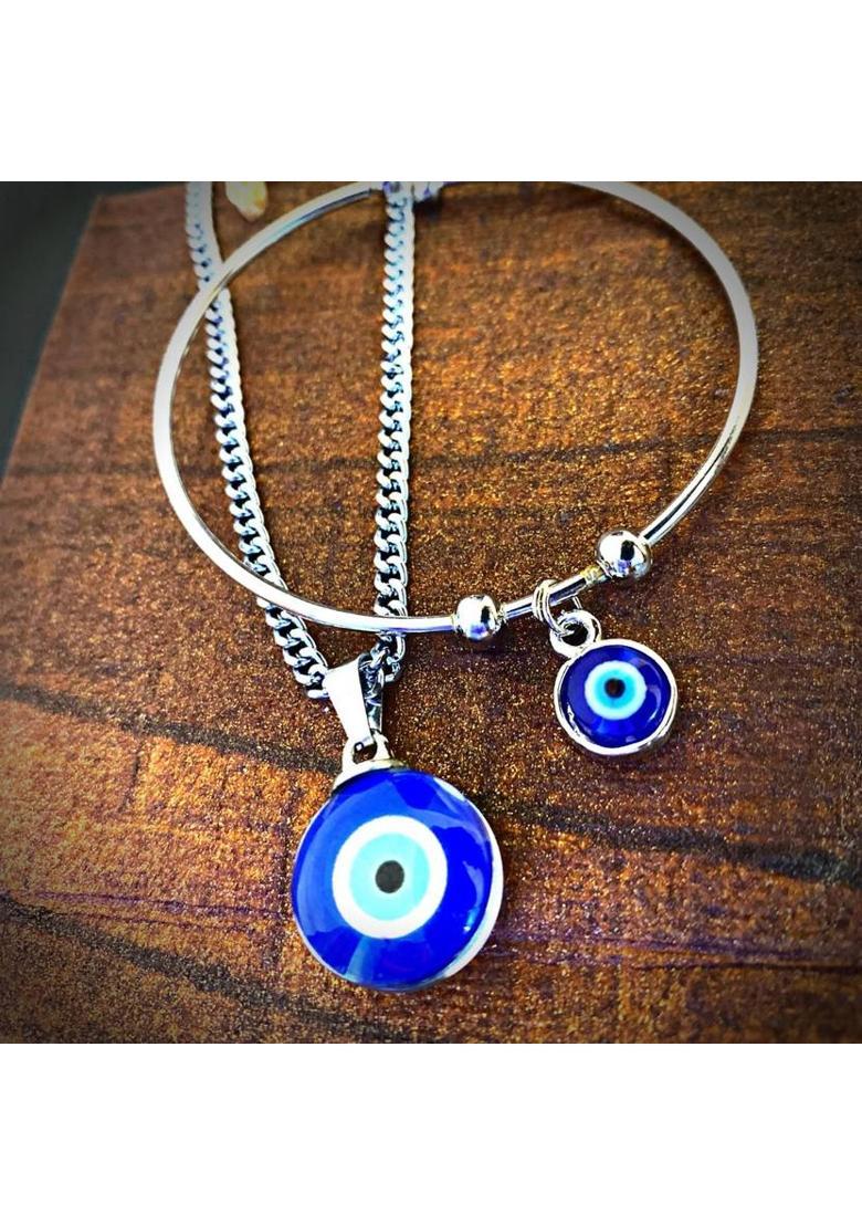 Neerajyoti Evil Eye Bracelet and Pendant with Chain COMBO. Natural Blue Evil Eye Pendant. Alloy Pendant Set - Indya
