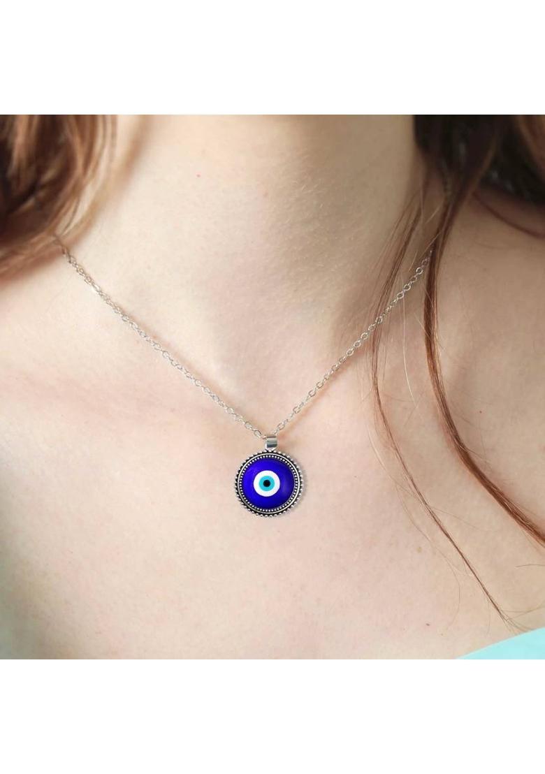 De-Ultimate Big Size Round Blue Evil Eye Nazar Suraksha Kavach Locket Pendant Charm Necklace Stainless Steel Pendant - Indya