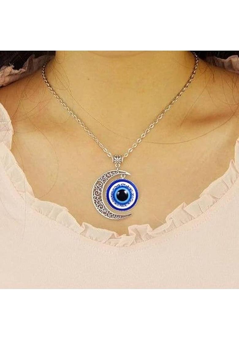 NZ 14 Crescent Evil Eye Protection Pendant Silver Plated Alloy Chain - Indya