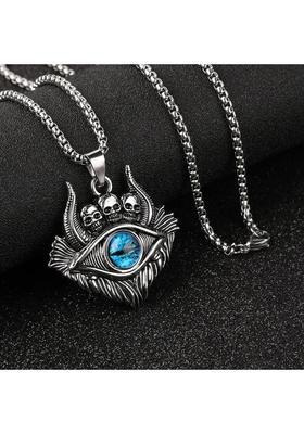Maaword Demon Oxhorn Gothic Blue Eye Skull Pendant Chain for Men & Boy Silver Stainless Steel Pendant Set